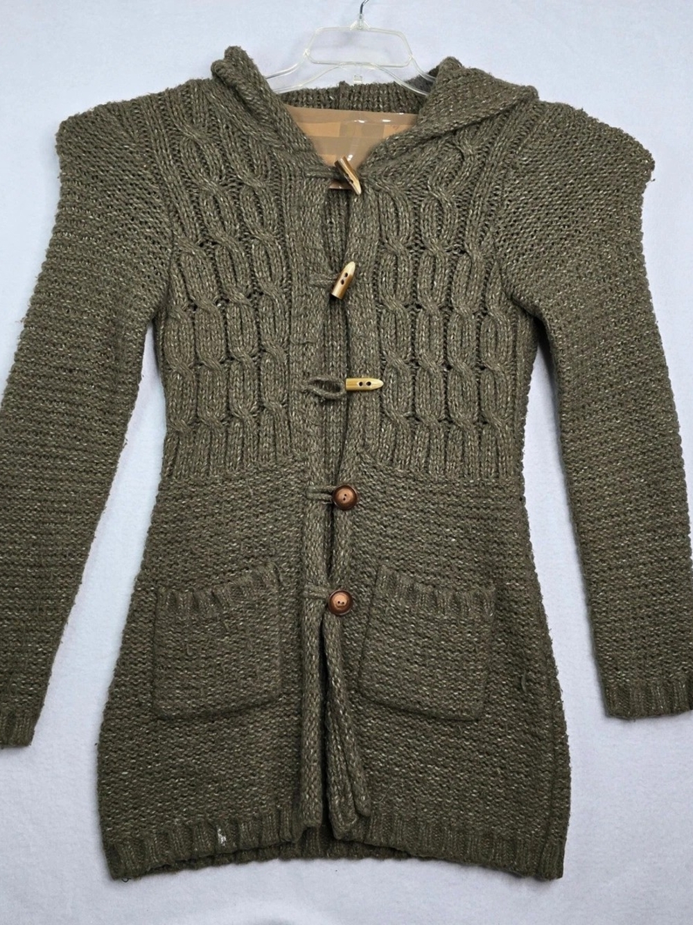 vintage BCBGMAXAZRIA Chunky Hooded Knit Cardigan Sweater - Olive Green